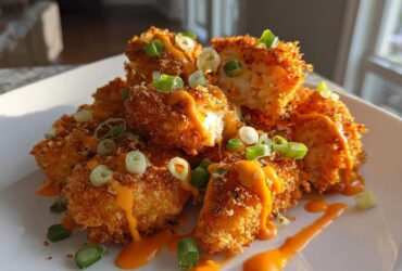 Close-up of golden, crispy pieces of Crispy Bang Bang Chicken drizzled with orange sauce and topped with sliced green onions.