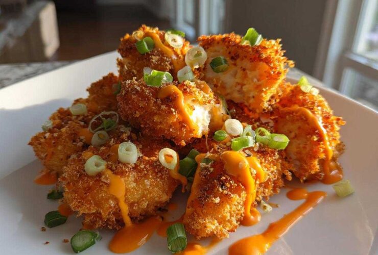 Close-up of golden, crispy pieces of Crispy Bang Bang Chicken drizzled with orange sauce and topped with sliced green onions.
