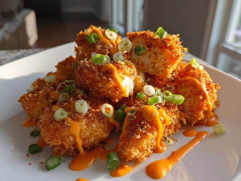 Close-up of golden, crispy pieces of Crispy Bang Bang Chicken drizzled with orange sauce and topped with sliced green onions.