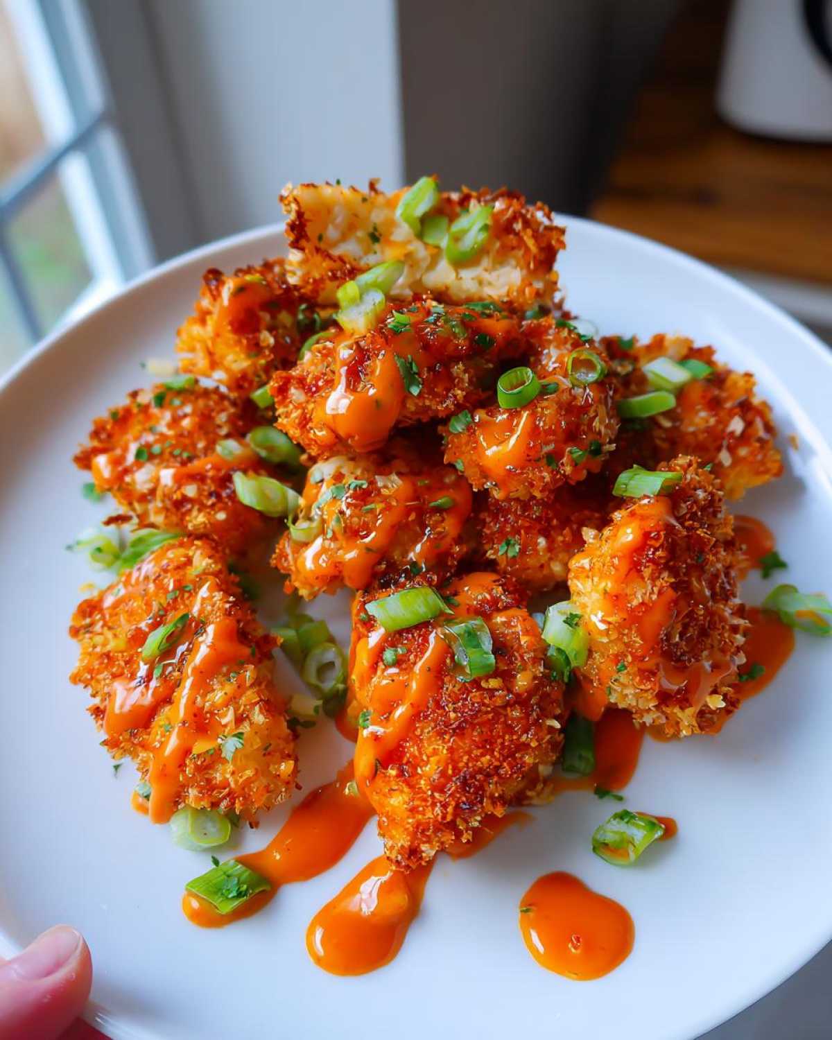 A plate piled high with golden brown Crispy Bang Bang Chicken pieces drizzled with orange sauce and topped with chopped green onions.