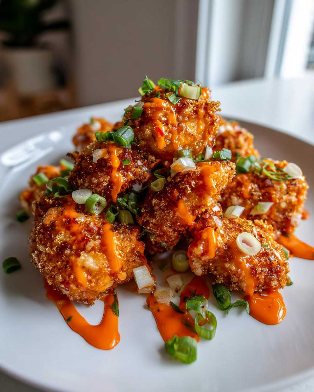 Close-up of several pieces of Crispy Bang Bang Chicken drizzled with orange sauce and topped with chopped green onions.