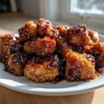 A plate piled high with Crispy Honey Garlic Salmon Bites, coated in a thick, shiny glaze and sprinkled with sesame seeds.