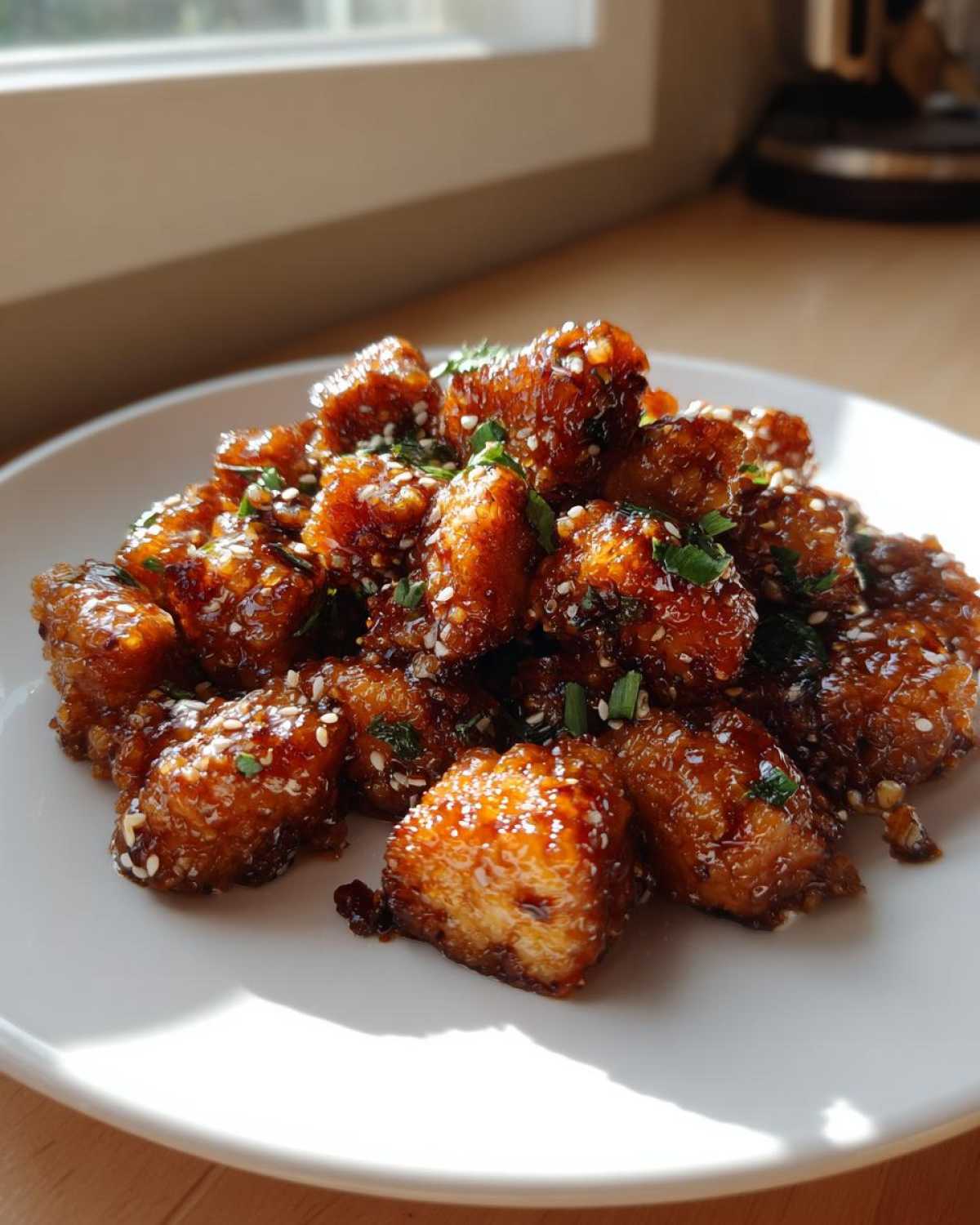 A plate piled high with glistening Crispy Honey Garlic Salmon Bites, garnished with sesame seeds and green onions.