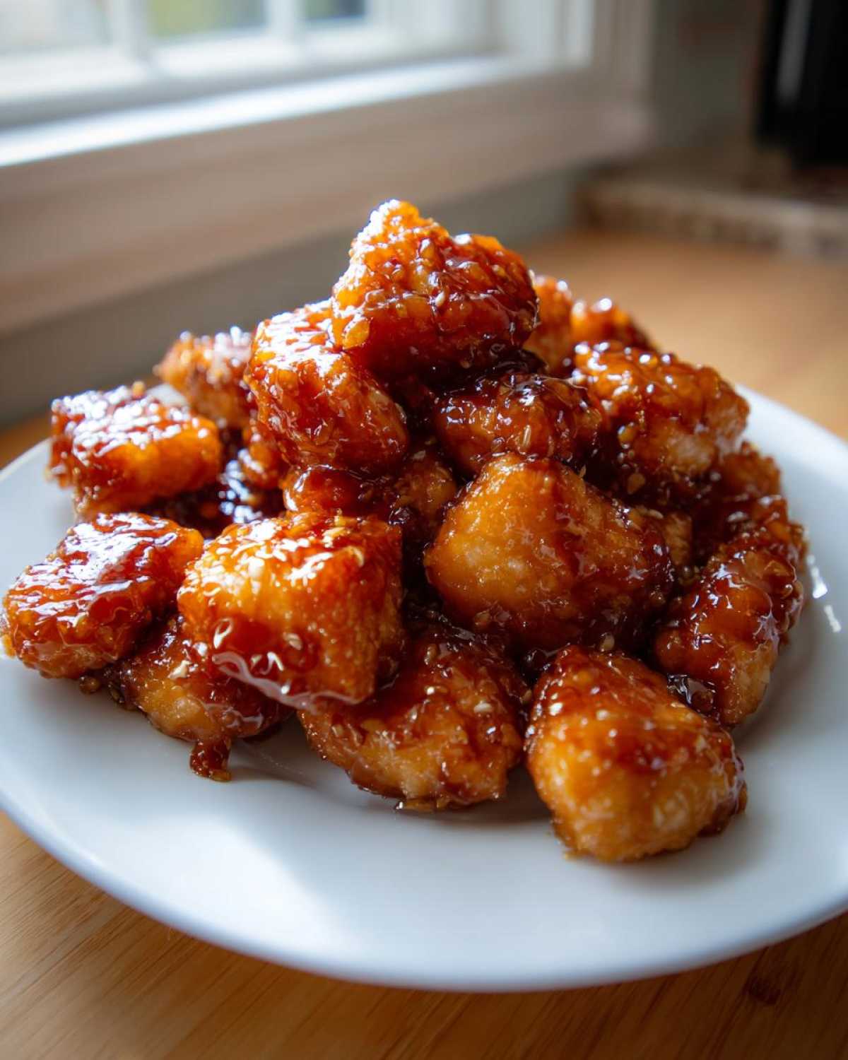 A pile of glistening, crispy Honey Garlic Salmon Bites coated in a thick, sweet, and savory glaze, served on a white plate.