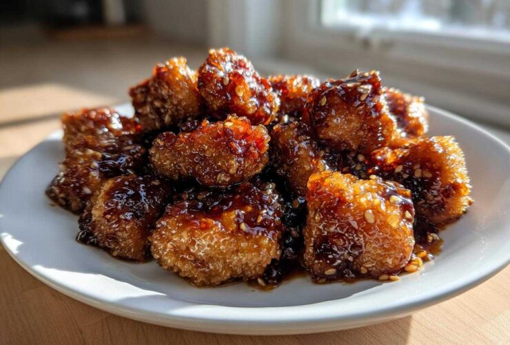 A plate piled high with Crispy Honey Garlic Salmon Bites, coated in a thick, shiny glaze and sprinkled with sesame seeds.