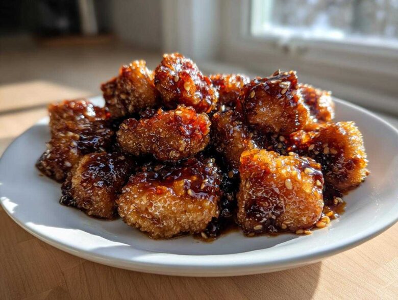 A plate piled high with Crispy Honey Garlic Salmon Bites, coated in a thick, shiny glaze and sprinkled with sesame seeds.