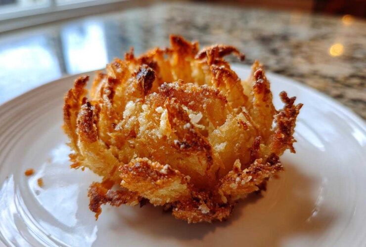Close-up of a perfectly golden brown Crispy Mini Blooming Onion in Air Fryer served on a white plate.