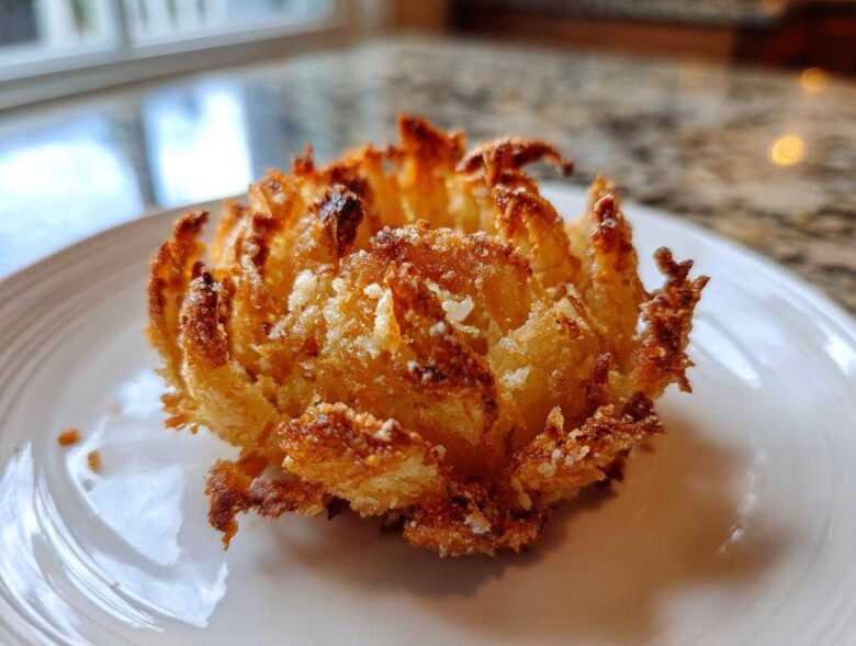 Close-up of a perfectly golden brown Crispy Mini Blooming Onion in Air Fryer served on a white plate.