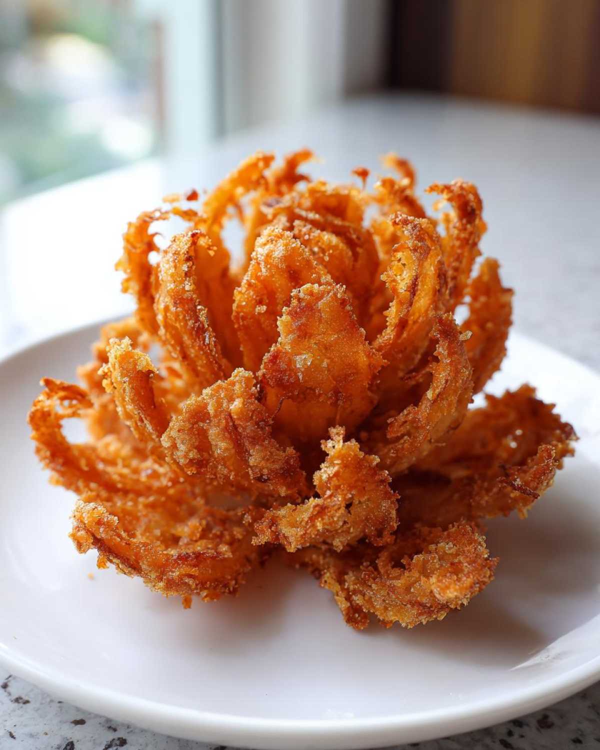 A single, golden-brown, crispy mini blooming onion served on a white plate.