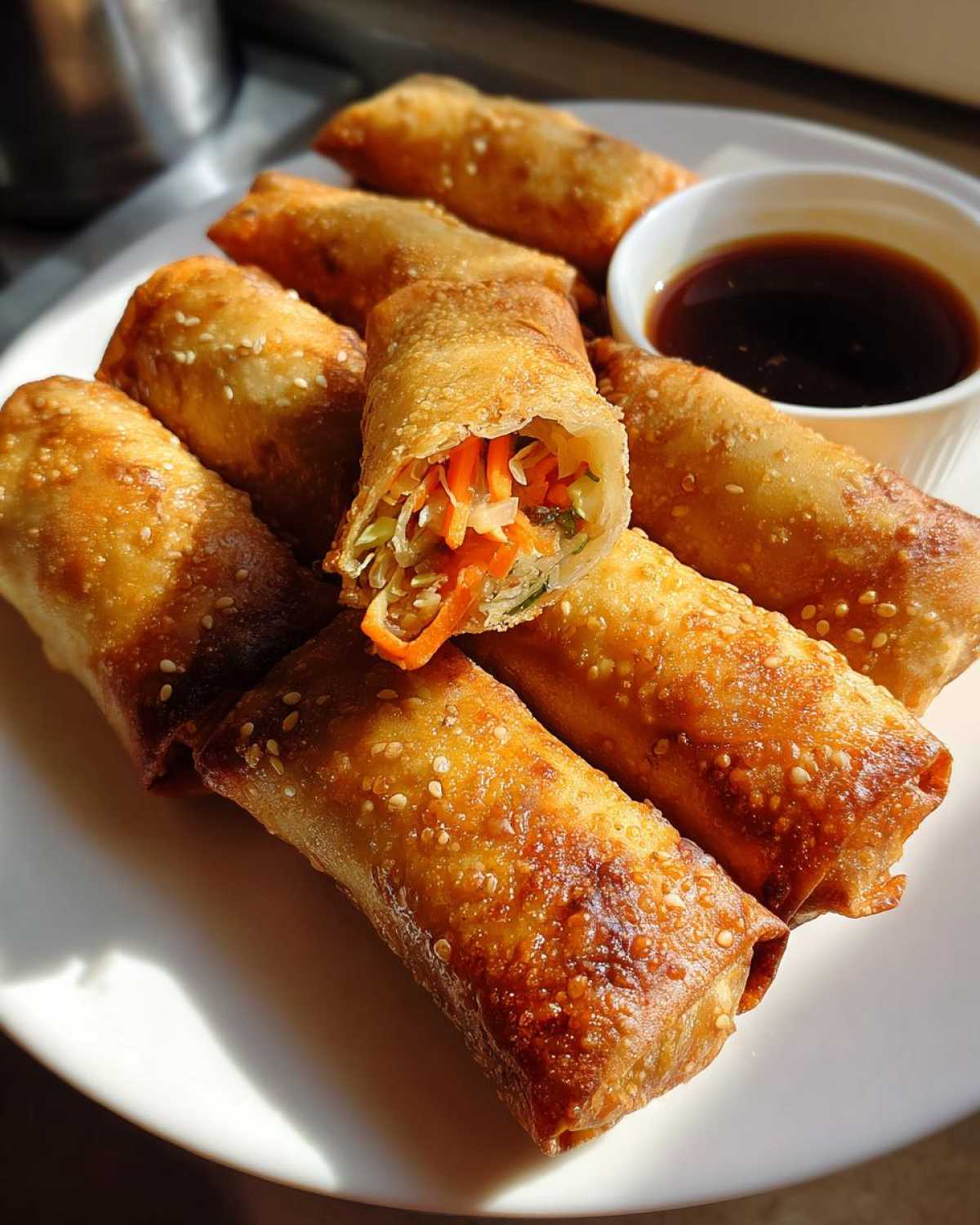 A plate of golden brown, crispy Sesame Veggie Spring Rolls, one cut open showing shredded carrots and cabbage filling, served with soy sauce.