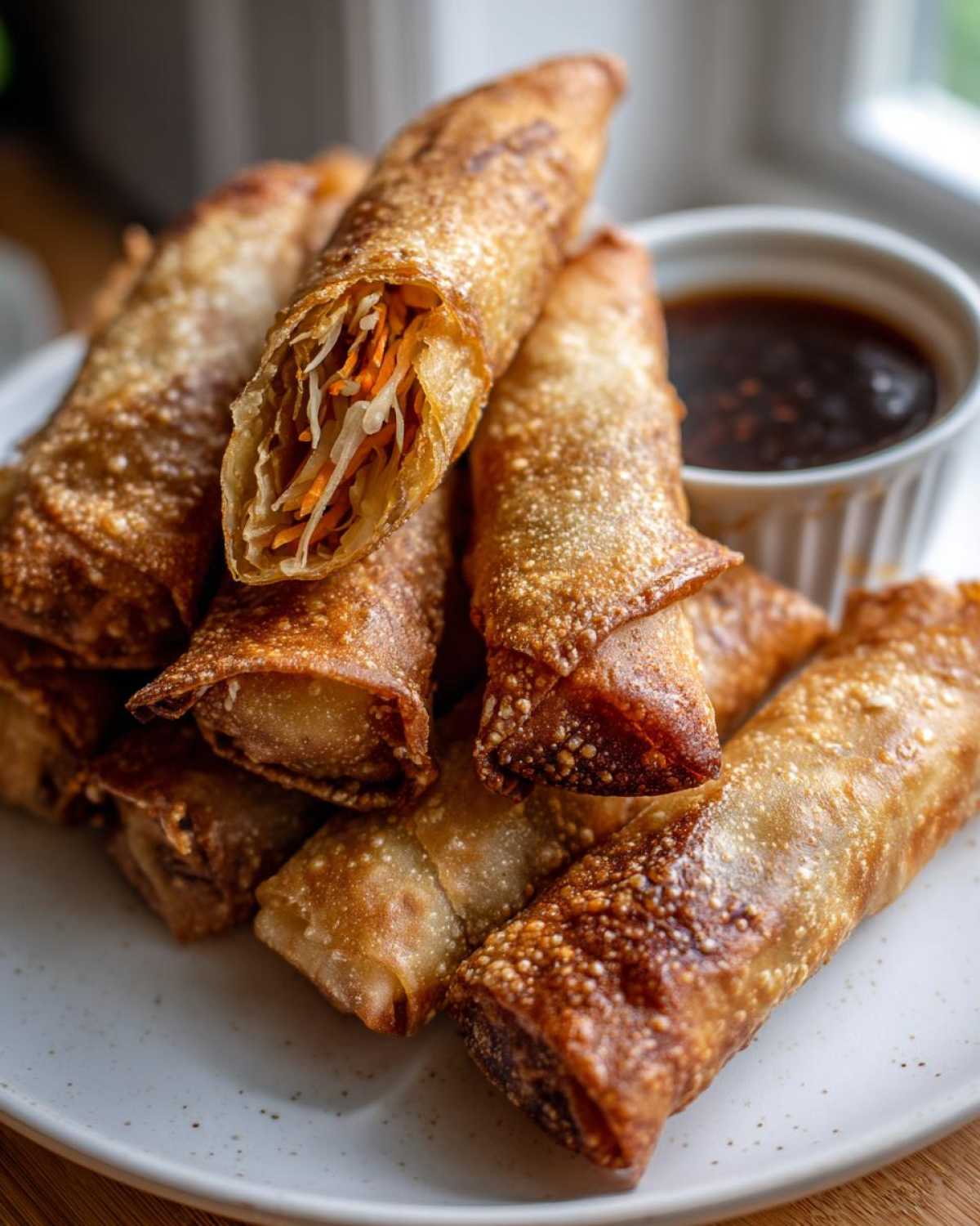 A stack of golden brown, crispy Sesame Veggie Spring Rolls, one broken open to show shredded carrot and cabbage filling.