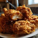 A pile of golden brown, extra crispy Waffle Batter Fried Chicken pieces on a white plate.