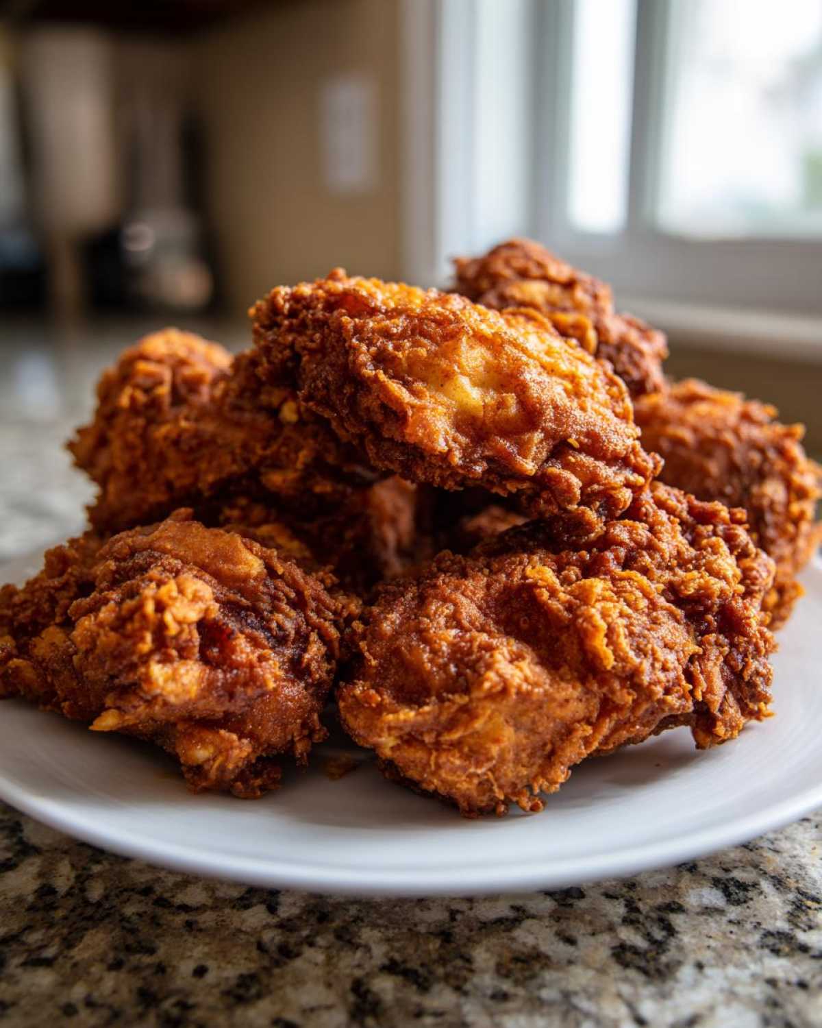 A close-up of several pieces of golden-brown, extra-crispy Waffle Batter Fried Chicken piled on a white plate.
