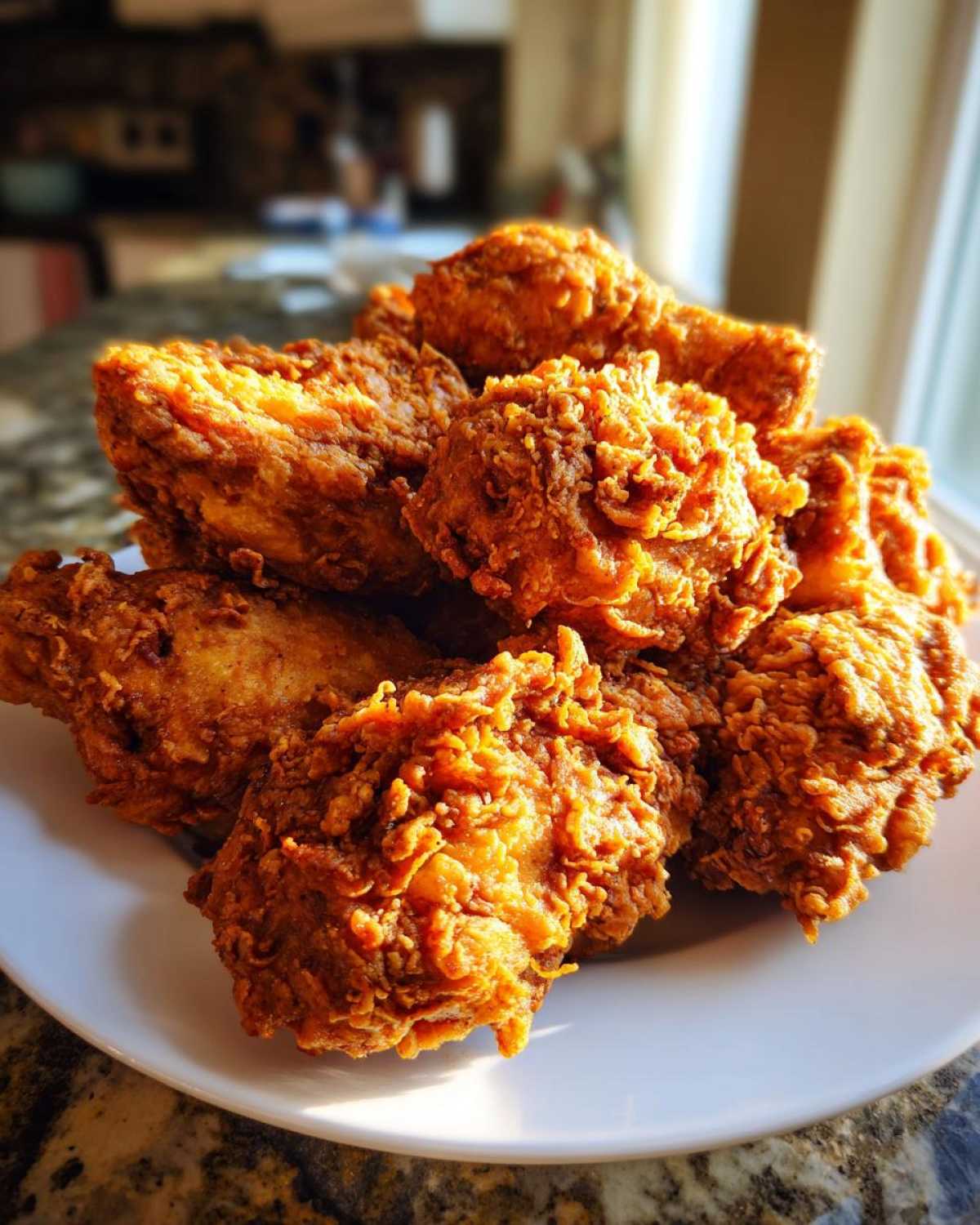 A mound of golden-brown, extra-crispy chicken pieces made with Crispy Waffle Batter Fried Chicken Magic, piled high on a white plate.