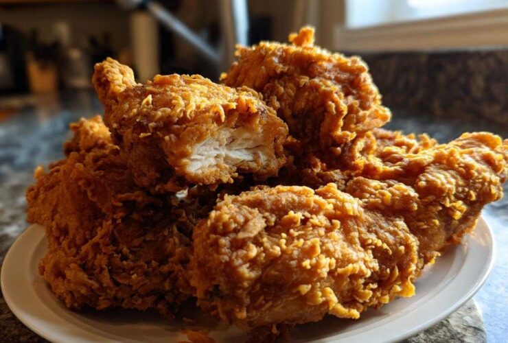 A pile of golden brown, extra crispy Waffle Batter Fried Chicken pieces on a white plate.