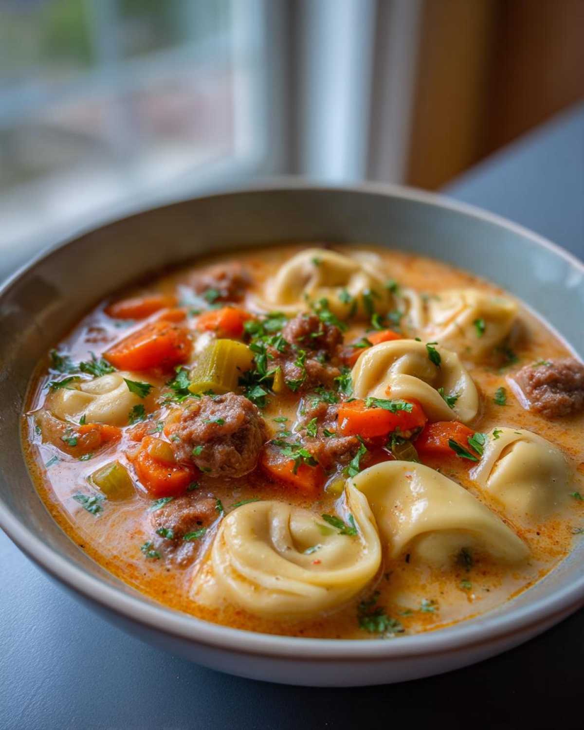 Close-up of a creamy Crockpot Sausage Tortellini Soup Warm Soul, featuring tortellini, sausage crumbles, carrots, and celery.