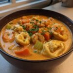 A close-up of a hearty bowl of Crockpot Sausage Tortellini Soup with creamy broth, tortellini, carrots, and celery.