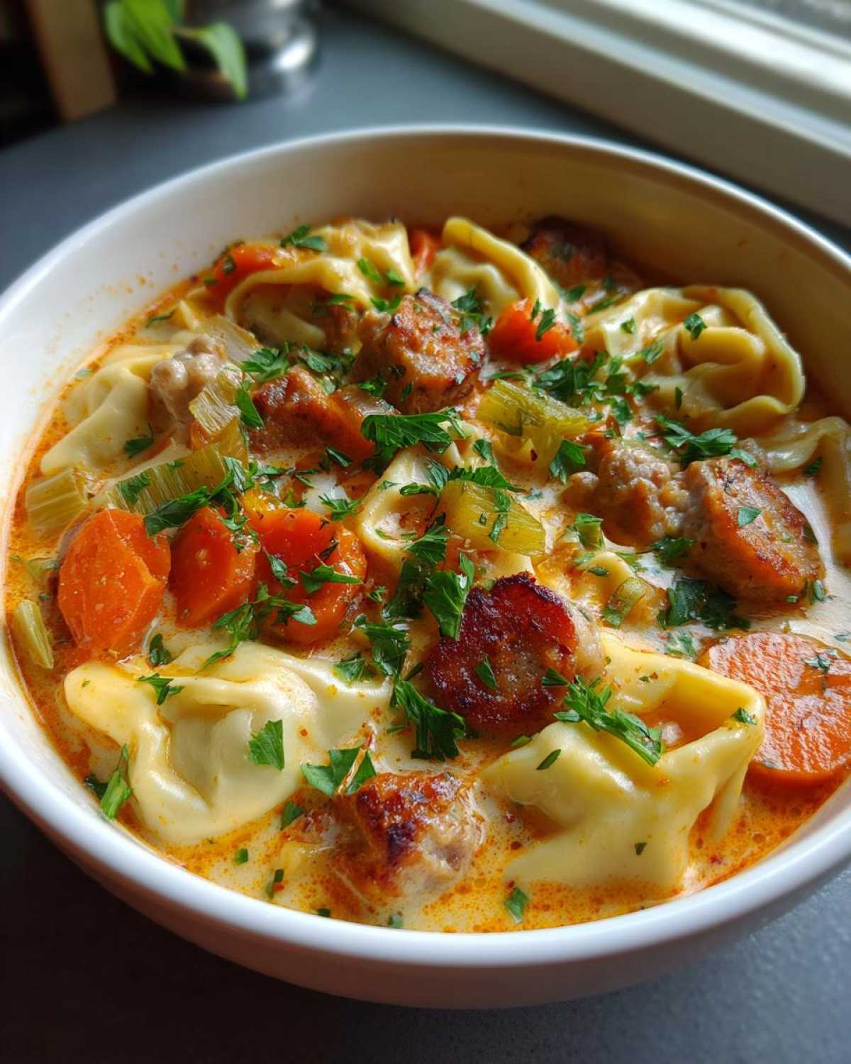 Close-up of a bowl of creamy Crockpot Sausage Tortellini Soup Warm Soul, featuring tortellini, sausage slices, carrots, and parsley.