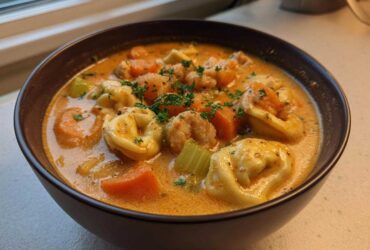 A close-up of a hearty bowl of Crockpot Sausage Tortellini Soup with creamy broth, tortellini, carrots, and celery.
