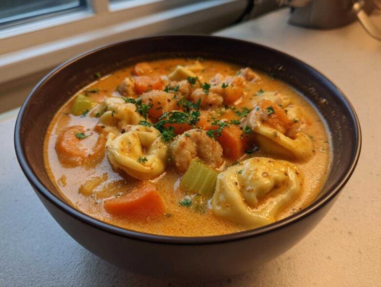 A close-up of a hearty bowl of Crockpot Sausage Tortellini Soup with creamy broth, tortellini, carrots, and celery.