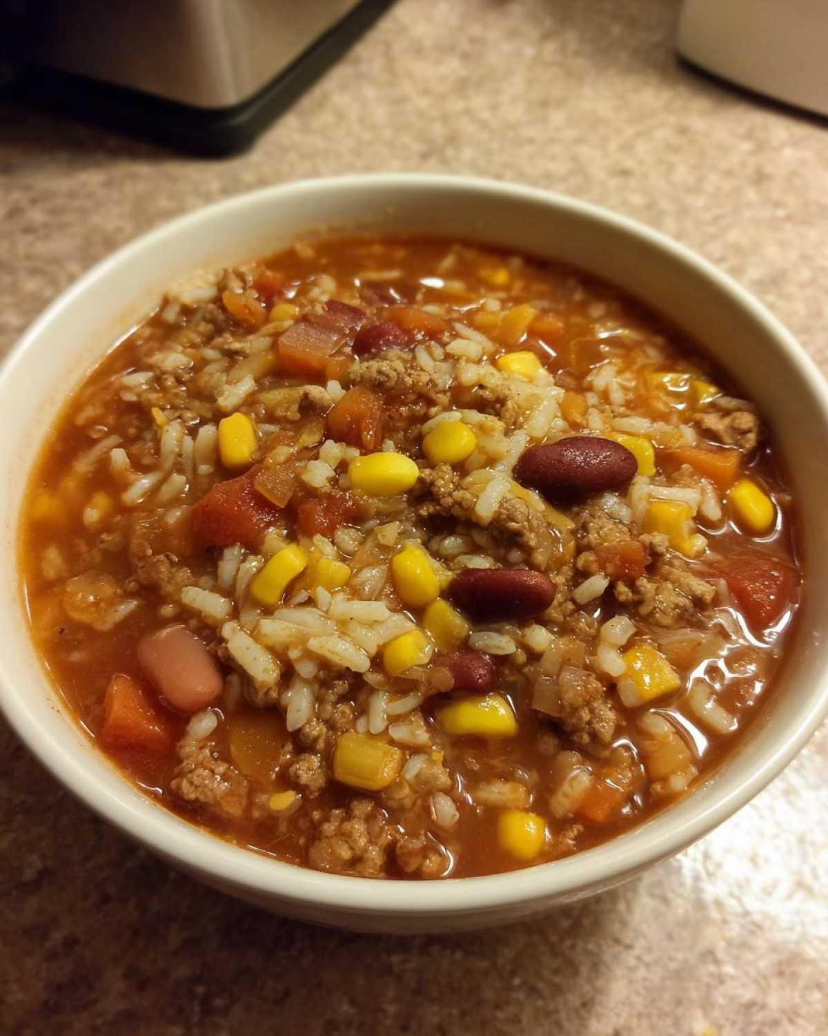 Close-up of a white bowl filled with hearty Crockpot Taco Rice Soup, featuring ground meat, rice, corn, and beans.
