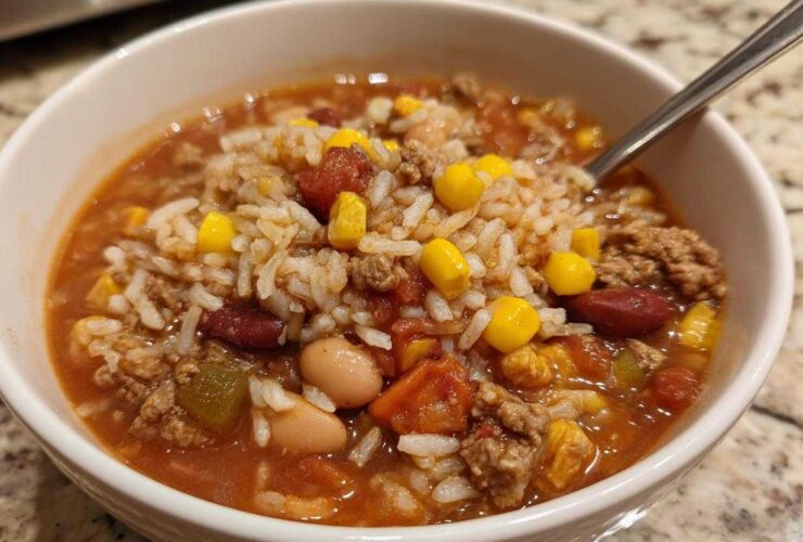 Close-up of a white bowl filled with Crockpot Taco Rice Soup, featuring rice, ground meat, corn, and beans in a rich broth.