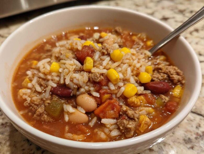 Close-up of a white bowl filled with Crockpot Taco Rice Soup, featuring rice, ground meat, corn, and beans in a rich broth.