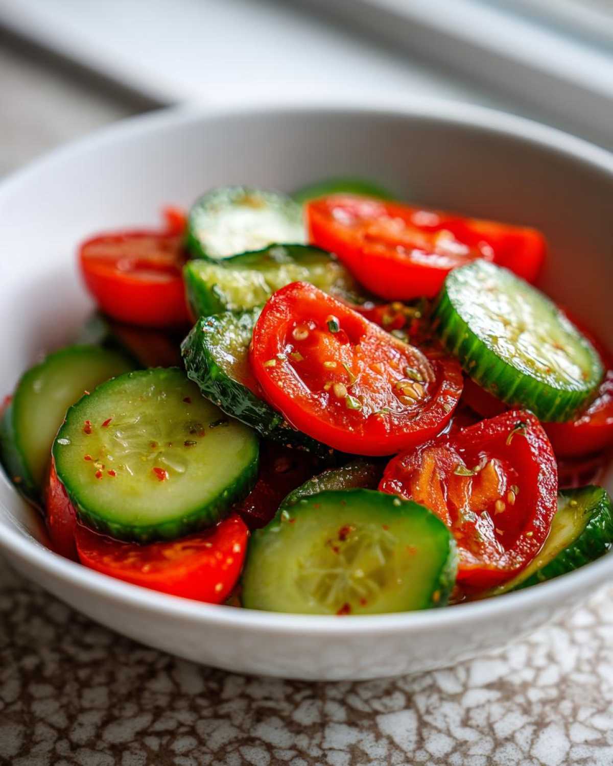 Close-up of a fresh Cucumber Tomato Salad Low Carb featuring sliced cucumbers and halved cherry tomatoes seasoned with herbs.