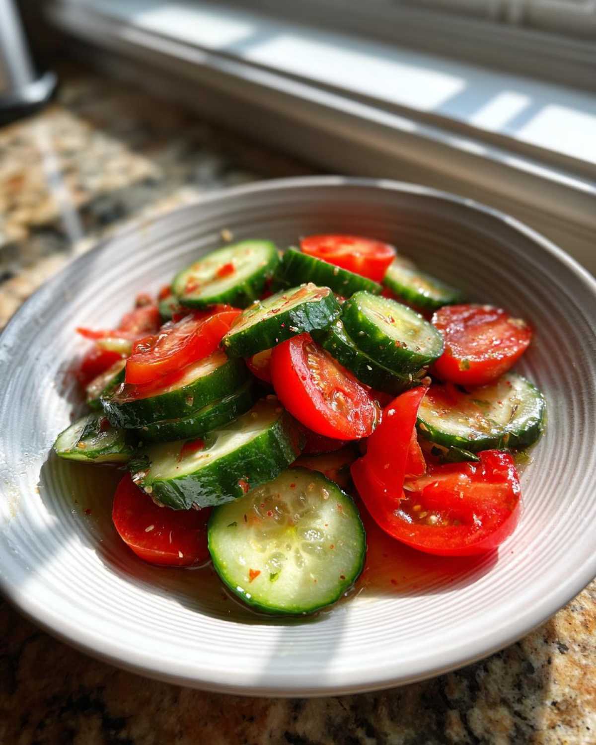 Close-up of a vibrant Cucumber Tomato Salad Low Carb, featuring sliced cucumbers and tomatoes in a light dressing.