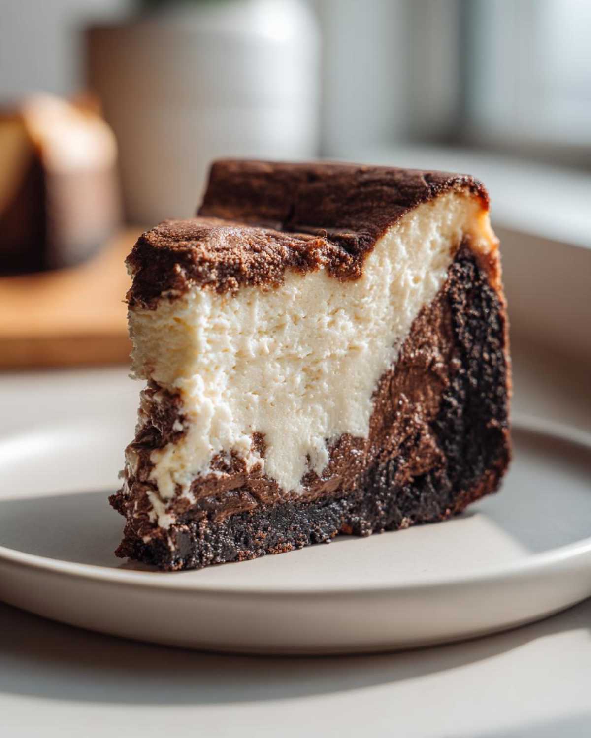 A perfect slice of Decadent Brownie Bottom Cheesecake Dessert Lover s Dream showing creamy white cheesecake layered over a rich dark brownie base.