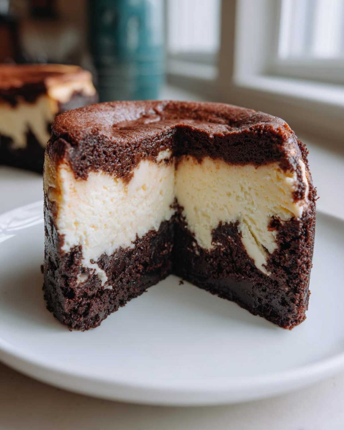 Close-up of a slice of Decadent Brownie Bottom Cheesecake showing rich chocolate base and creamy filling.