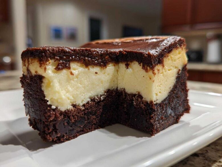 Close-up of a rich slice of Decadent Brownie Bottom Cheesecake showing the thick brownie base and creamy cheesecake layer.