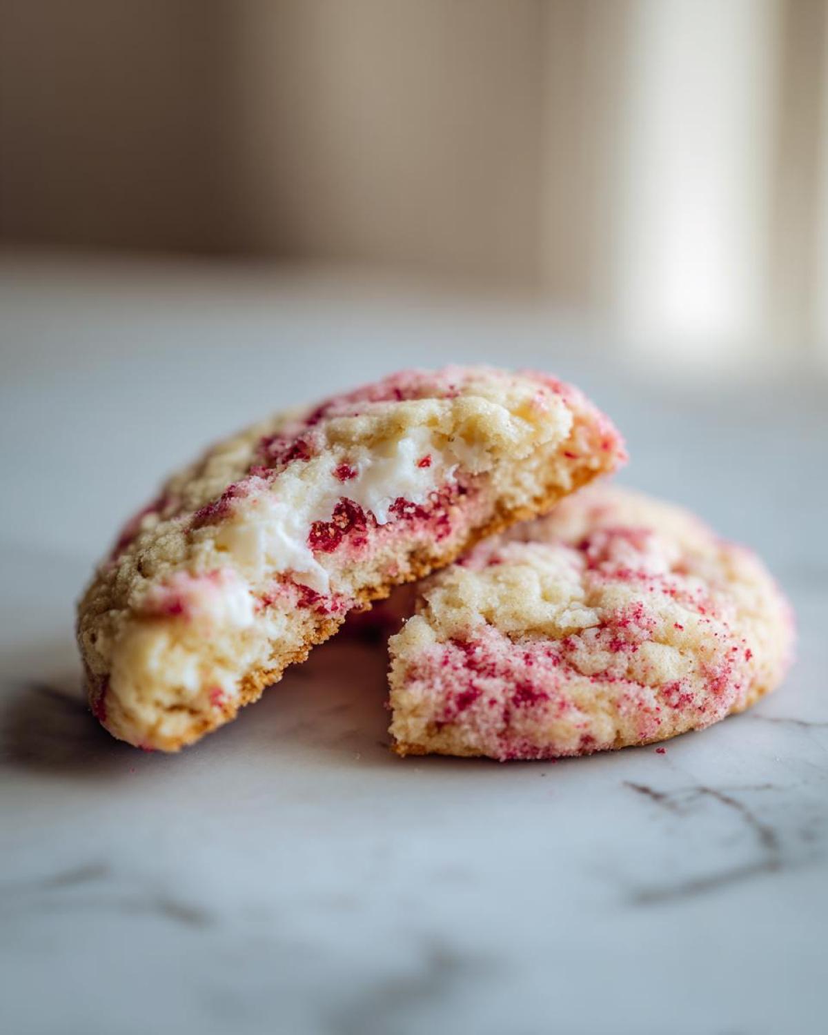 Close-up of Delicious Strawberry Cheesecake Cookies, cut to show creamy white filling and pink strawberry crumble.