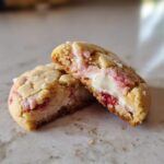 Close-up of Delicious Strawberry Cheesecake Cookies cut in half, showing the gooey white filling and pink strawberry pieces.
