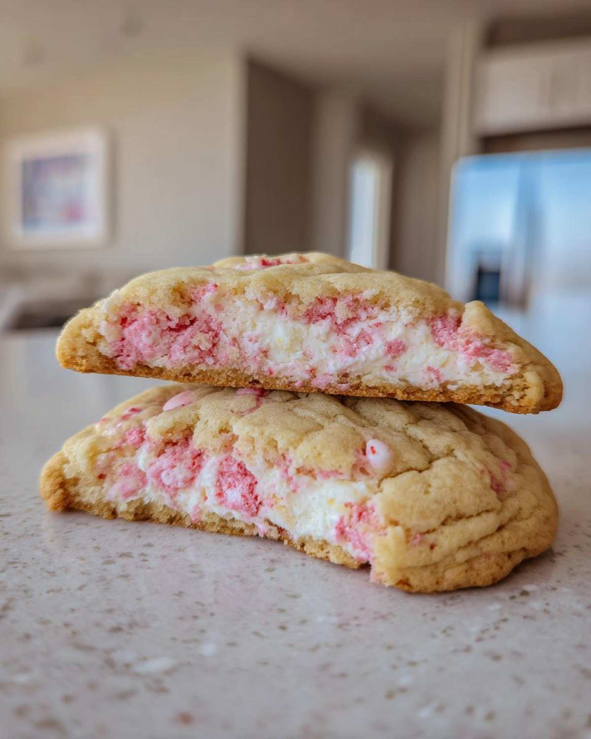 A Delicious Strawberry Cheesecake Cookie cut in half, showing the creamy white and pink filling inside the soft cookie dough.