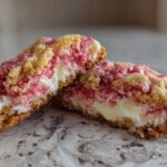 Close-up of Delicious Strawberry Cheesecake Cookies cut in half, showing a creamy white center and pink strawberry crumble topping.