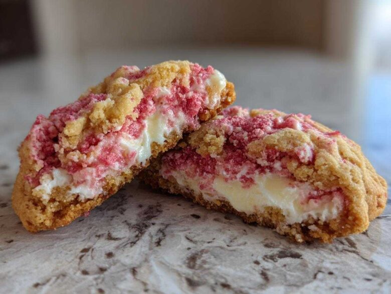 Close-up of Delicious Strawberry Cheesecake Cookies cut in half, showing a creamy white center and pink strawberry crumble topping.