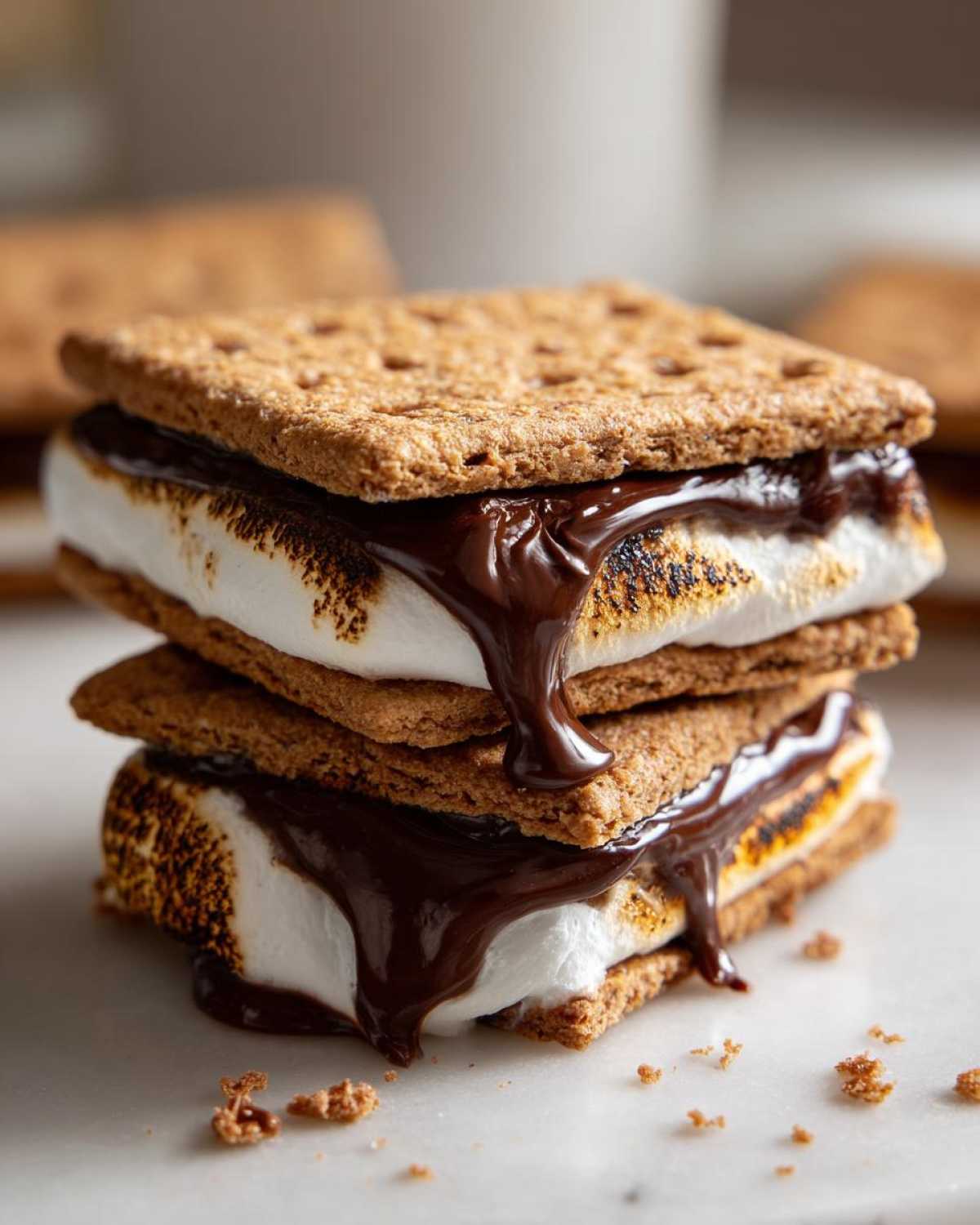 Close-up of two stacked HERSHEY'S S'mores sandwiches with toasted marshmallows and dripping chocolate sauce.