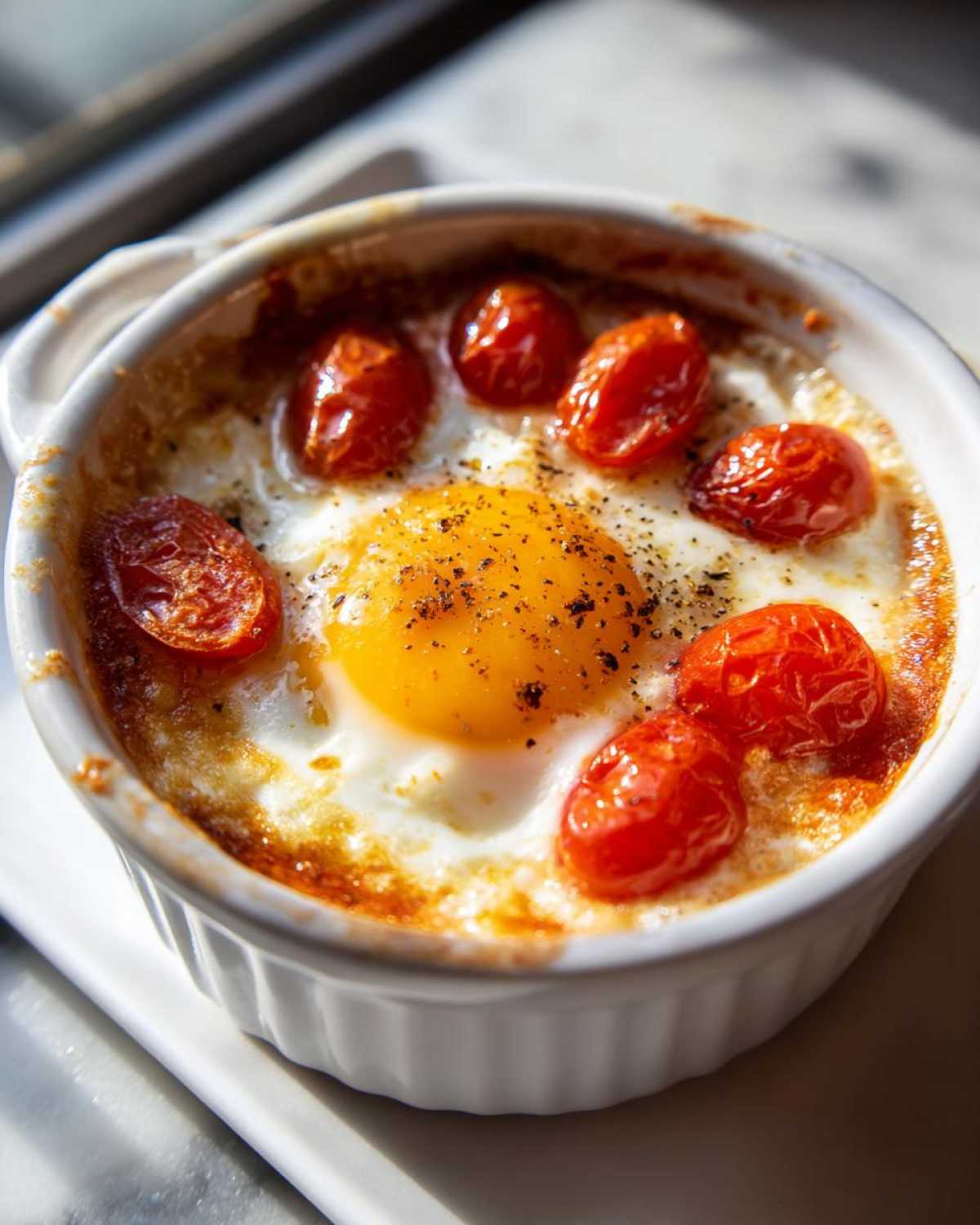Close-up of an Easy 5-Minute Microwave Egg Caprese Cup with a bright yolk and roasted cherry tomatoes.