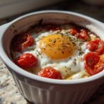 Close-up of a single serving of Easy 5-Minute Microwave Egg Caprese Cups with a bright yolk and roasted tomatoes.