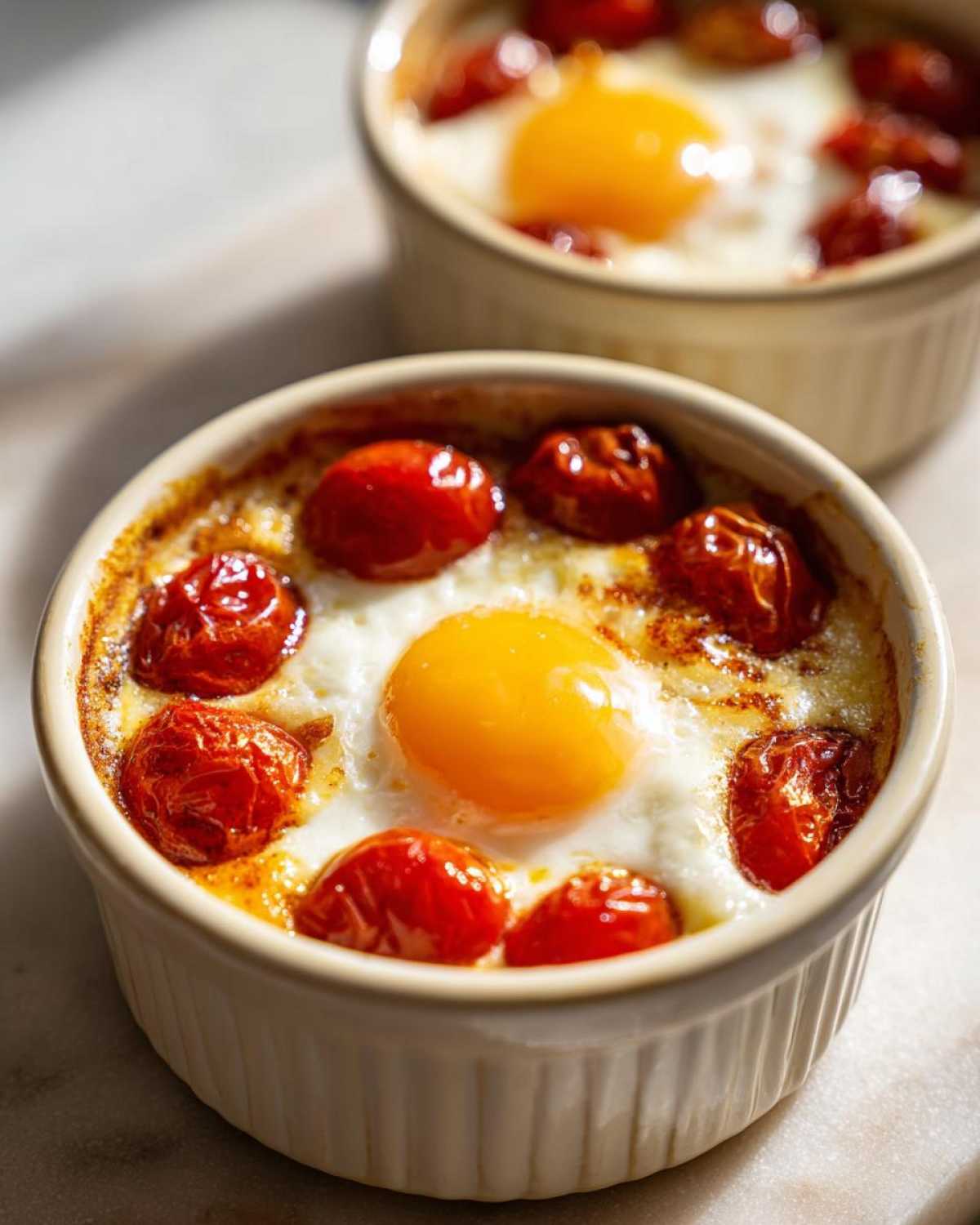 Close-up of an Easy 5-Minute Microwave Egg Caprese Cup with a bright yolk and roasted cherry tomatoes.