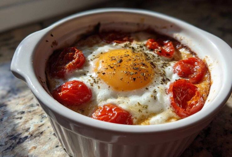 Close-up of a single serving of Easy 5-Minute Microwave Egg Caprese Cups with a bright yolk and roasted tomatoes.