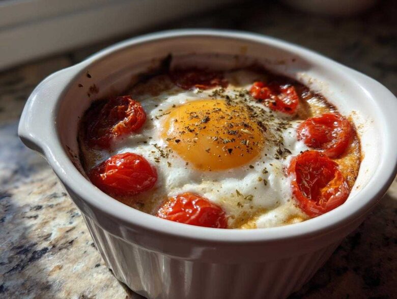Close-up of a single serving of Easy 5-Minute Microwave Egg Caprese Cups with a bright yolk and roasted tomatoes.