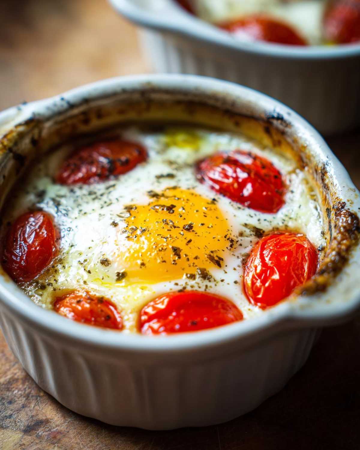 Close-up of a freshly cooked Easy 5-Minute Microwave Egg Caprese Cups in a white ramekin with bright cherry tomatoes.