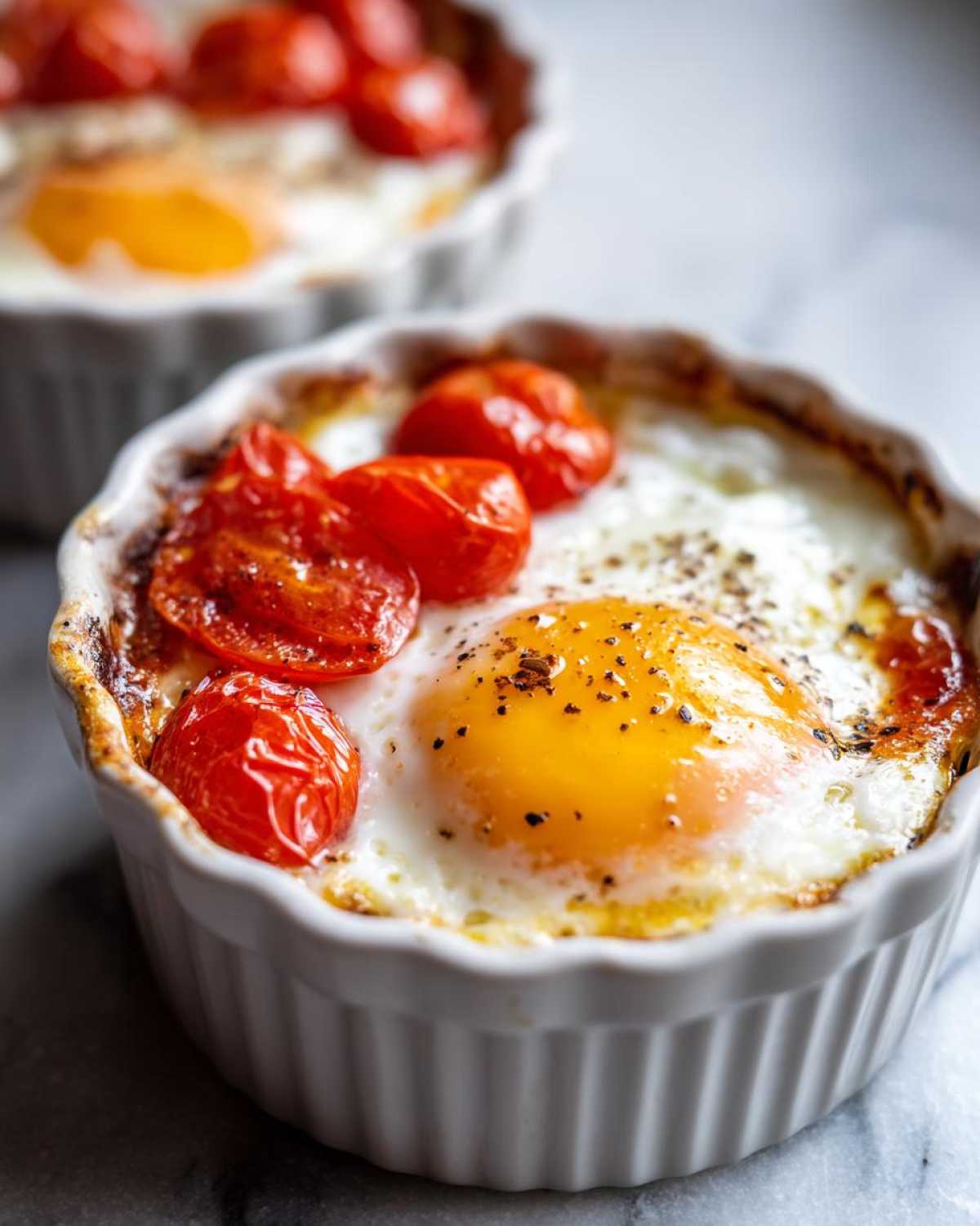 Close-up of a single serving of Easy 5-Minute Microwave Egg Caprese Cups topped with roasted cherry tomatoes and black pepper.