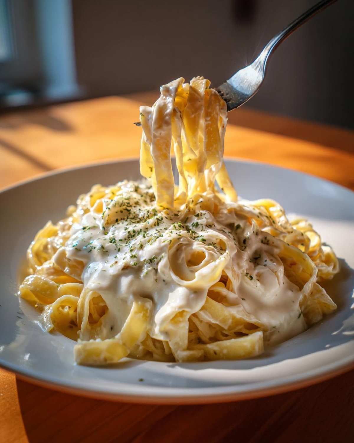 Fork lifting fettuccine noodles coated in creamy Easy Cottage Cheese Alfredo Sauce, garnished with herbs.