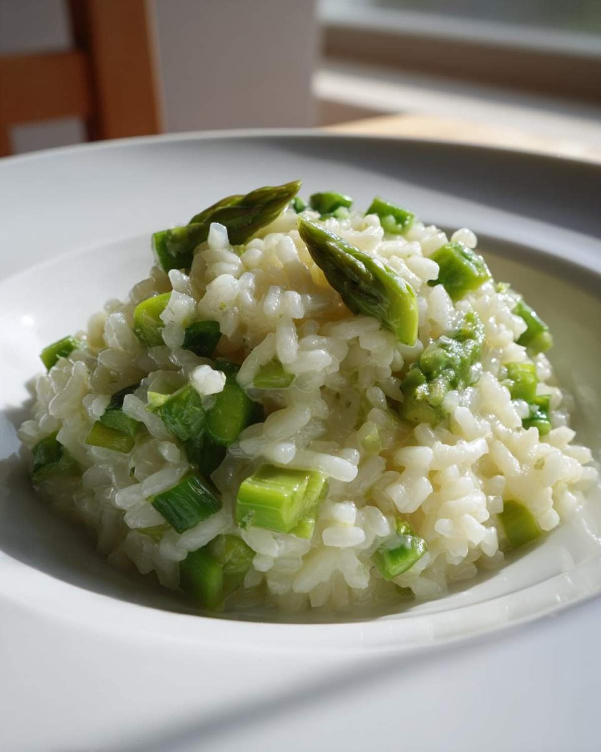 A close-up of a white bowl filled with Easy Creamy Asparagus Risotto, featuring bright green asparagus pieces.