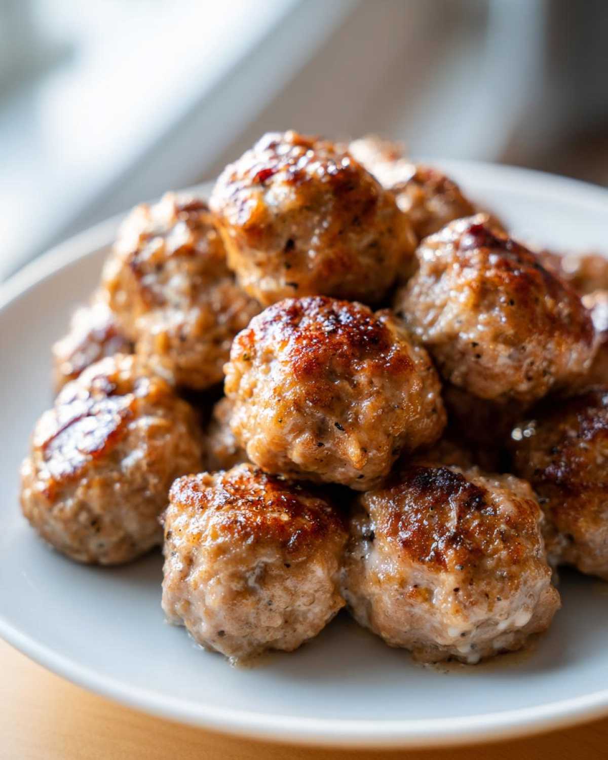 A close-up of a pile of golden-brown Easy Creamy Greek Chicken Meatballs stacked on a light plate.