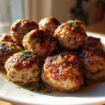 A pile of perfectly browned Easy Creamy Greek Chicken Meatballs garnished with fresh herbs, sitting in a light sauce on a white plate.