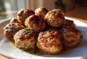 A pile of perfectly browned Easy Creamy Greek Chicken Meatballs garnished with fresh herbs, sitting in a light sauce on a white plate.